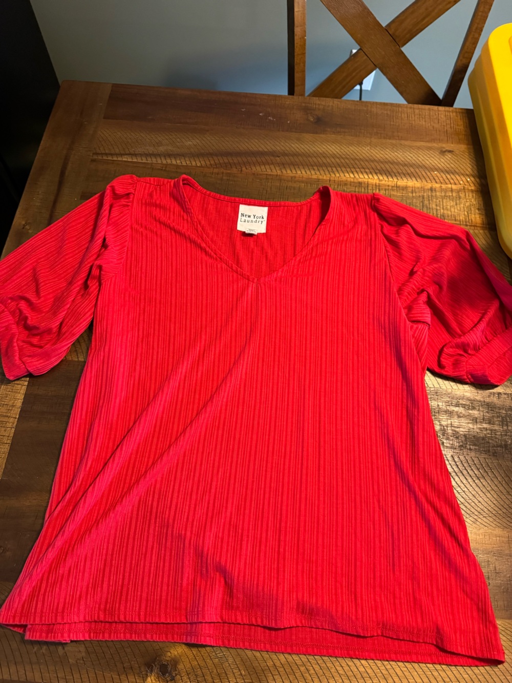 New York Laundry Red Ribbed V-Neck Short Sleeve Top